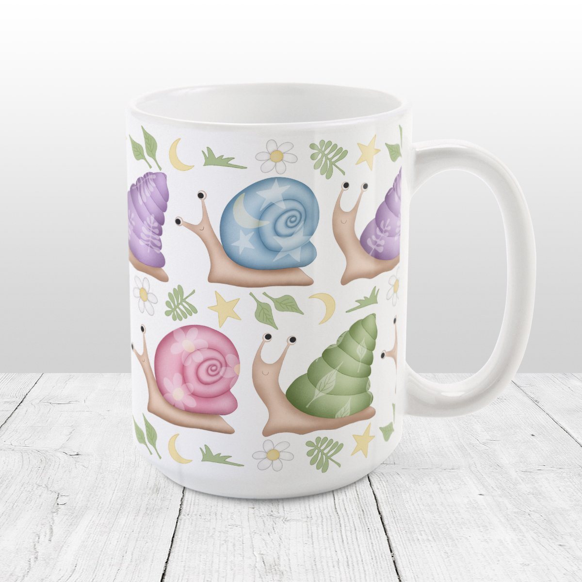 Cute Spring Summer Snails Pattern Mug at Amy's Coffee Mugs. A cute snails mug with a whimsical pattern of snails with happy faces in two rows around the mug with pink, purple, blue, and green shells floral and stars watermarks, with foliage, moons, and stars between the rows.