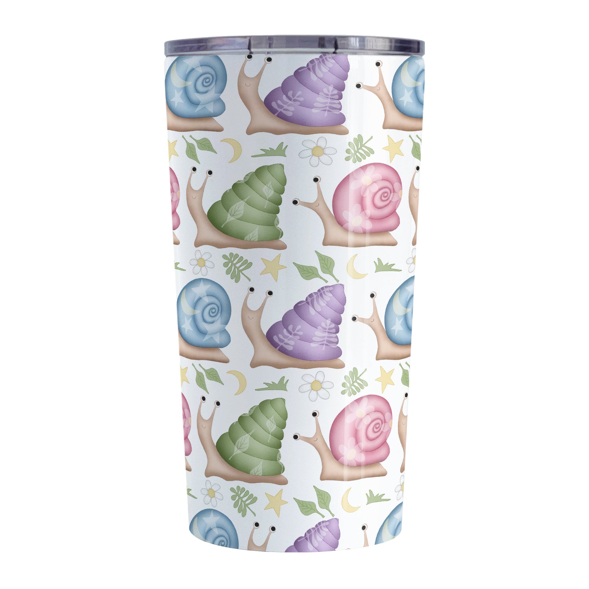 Cute Spring Summer Snails Pattern Tumbler Cup (20oz, stainless steel insulated) at Amy's Coffee Mugs. A cute snails tumbler cup with a whimsical pattern of snails with happy faces in rows around the cup with pink, purple, blue, and green shells floral and stars watermarks, with foliage, moons, and stars between the rows.