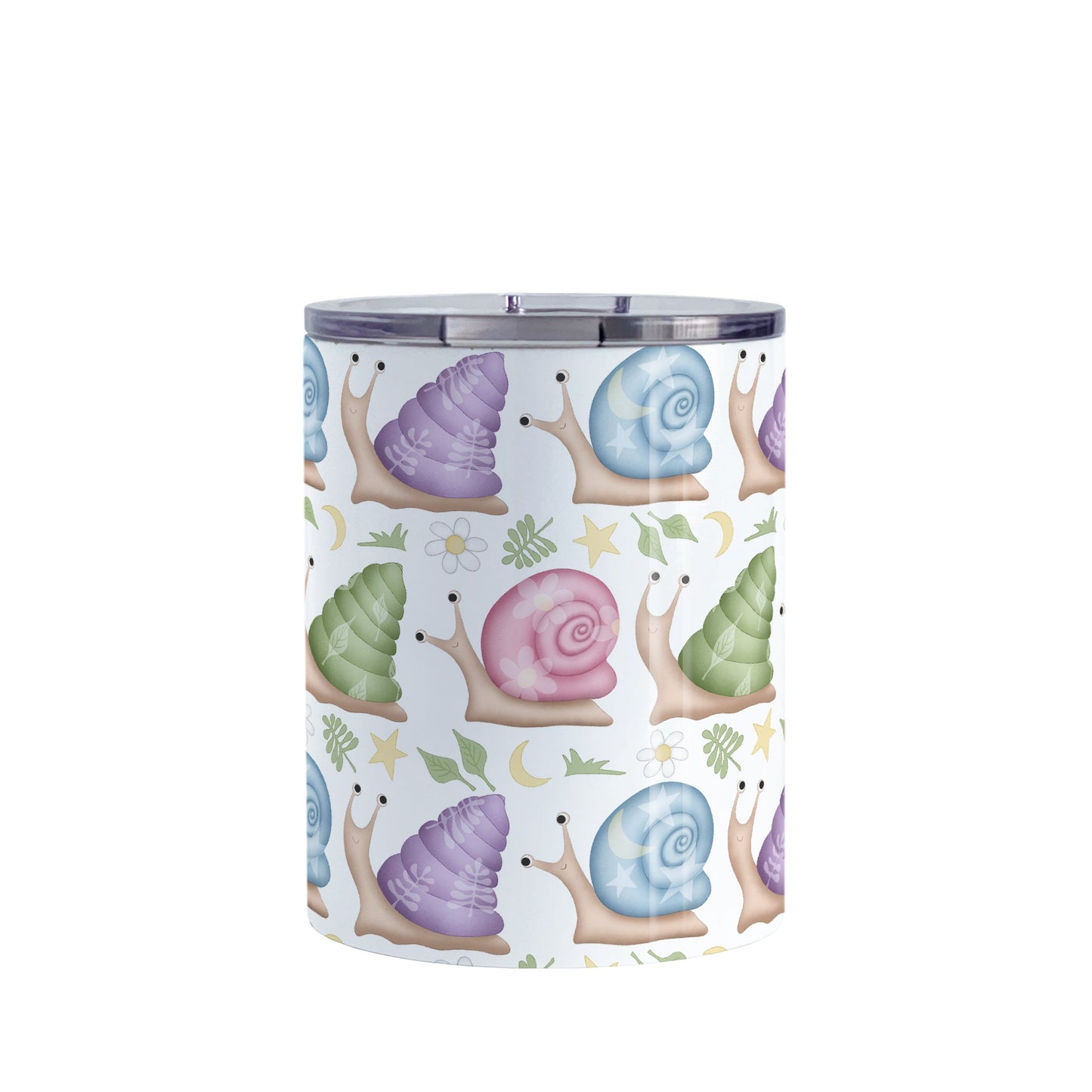 Cute Spring Summer Snails Pattern Tumbler Cup (10oz, stainless steel insulated) at Amy's Coffee Mugs. A cute snails tumbler cup with a whimsical pattern of snails with happy faces in rows around the cup with pink, purple, blue, and green shells floral and stars watermarks, with foliage, moons, and stars between the rows.