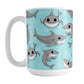 Cute Underwater Shark Pattern Mug (15oz) at Amy's Coffee Mugs. A ceramic coffee mug designed with happy and smiling sharks and bubbles in a pattern over a turquoise blue water background that wraps around the mug up to the handle.