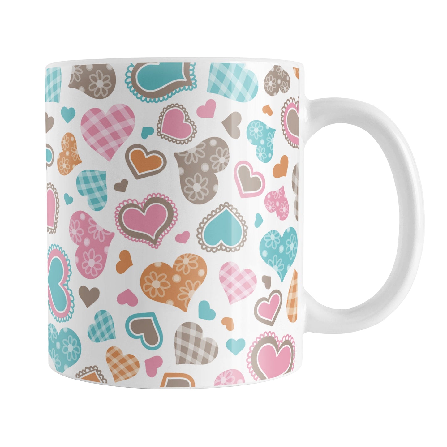 Cutesy Hearts Pattern Mug (11oz) at Amy's Coffee Mugs. This ceramic coffee mug is designed with adorable little hearts in pink, turquoise, orange, and brown. This pattern of cute hearts wraps around the mug to the handle.