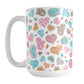 Cutesy Hearts Pattern Mug (15oz) at Amy's Coffee Mugs. This ceramic coffee mug is designed with adorable little hearts in pink, turquoise, orange, and brown. This pattern of cute hearts wraps around the mug to the handle.