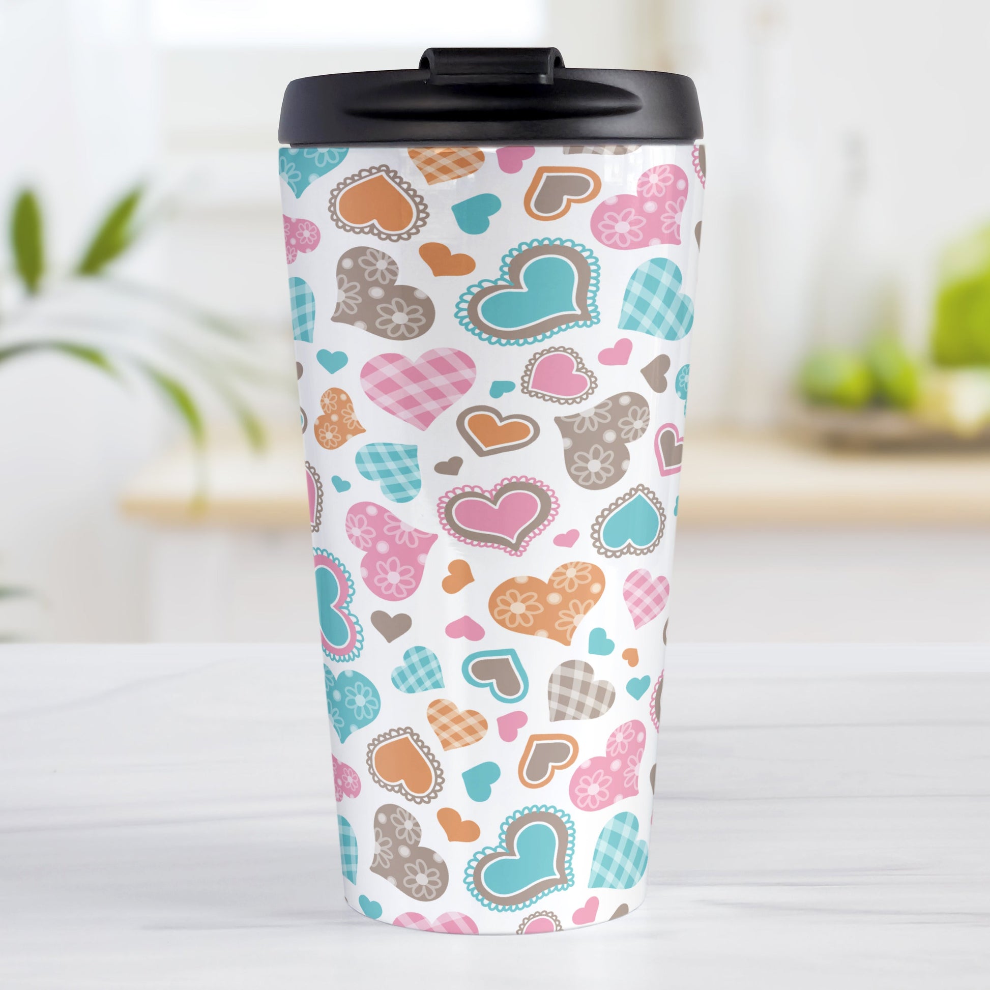 Cutesy Hearts Pattern Travel Mug (15oz, stainless steel insulated) at Amy's Coffee Mugs