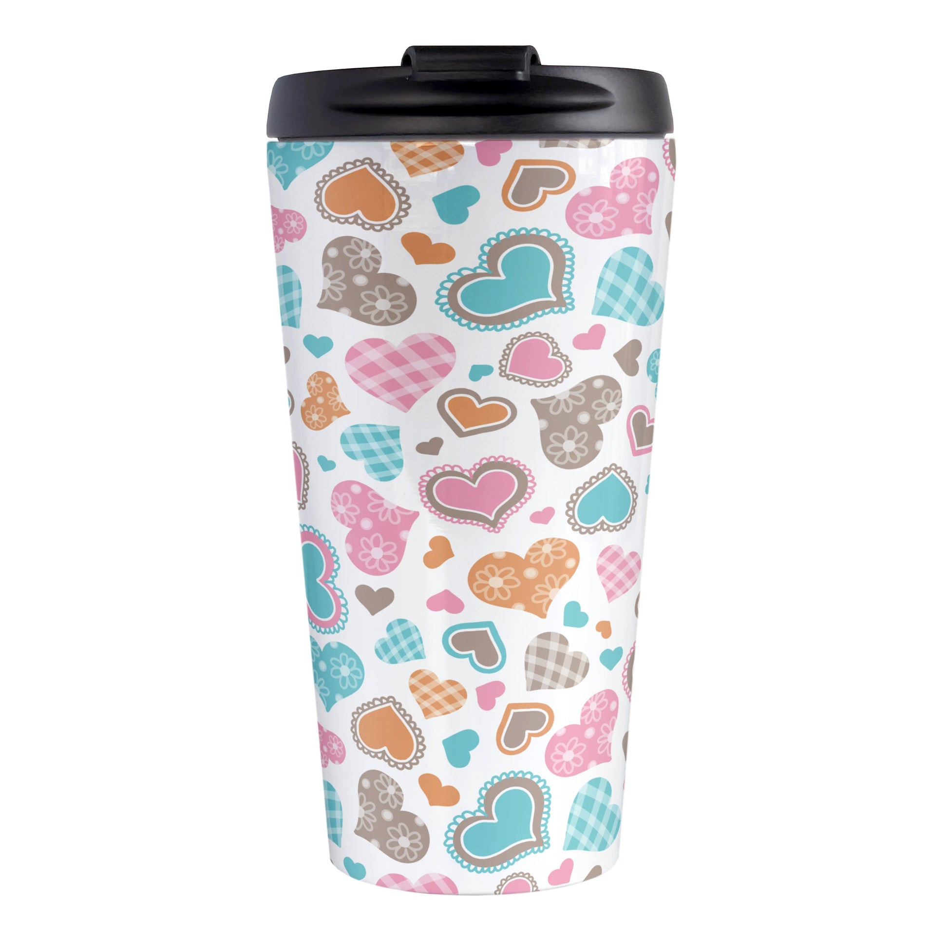 Cutesy Hearts Pattern Travel Mug (15oz, stainless steel insulated) at Amy's Coffee Mugs