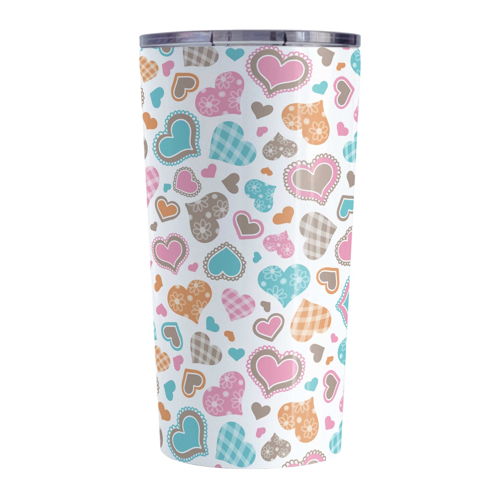 Cutesy Hearts Pattern Tumbler Cup (20oz, stainless steel insulated) at Amy's Coffee Mugs