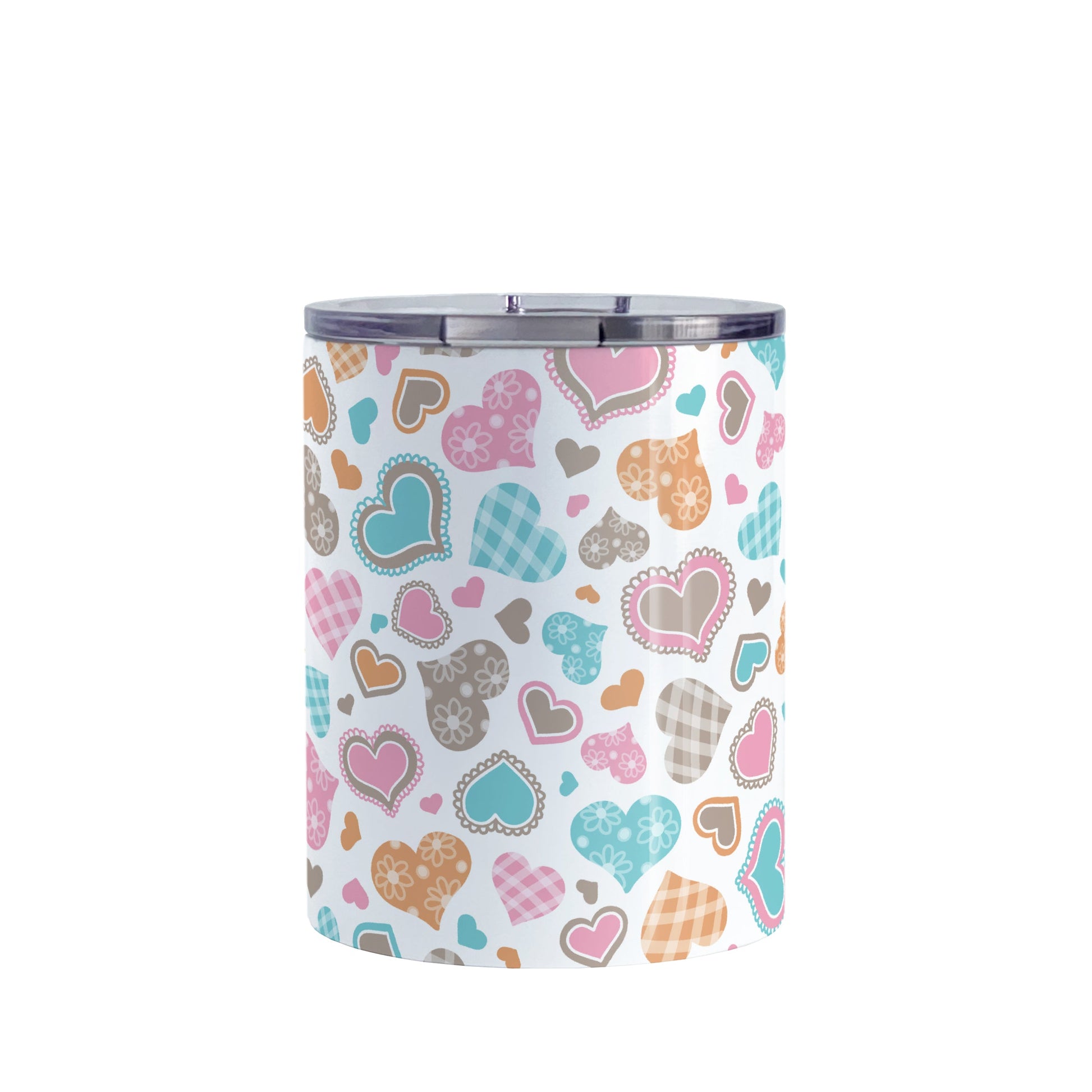 Cutesy Hearts Pattern Tumbler Cup (10oz, stainless steel insulated) at Amy's Coffee Mugs