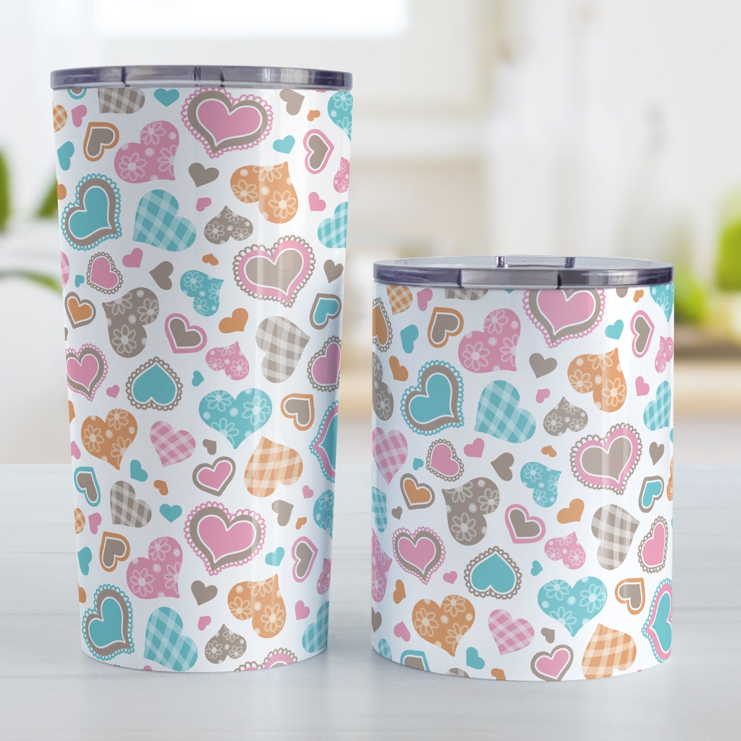 Cutesy Hearts Pattern Tumbler Cup (20oz and 10oz, stainless steel insulated) at Amy's Coffee Mugs