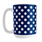 Dark Blue Polka Dot Mug (15oz) at Amy's Coffee Mugs.  A ceramic coffee mug designed with a dark blue polka dot pattern with white dots over a dark blue, close to a navy blue, background color. This polka dotted pattern wraps around the mug to the handle. 
