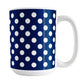 Dark Blue Polka Dot Mug (15oz) at Amy's Coffee Mugs.  A ceramic coffee mug designed with a dark blue polka dot pattern with white dots over a dark blue, close to a navy blue, background color. This polka dotted pattern wraps around the mug to the handle. 