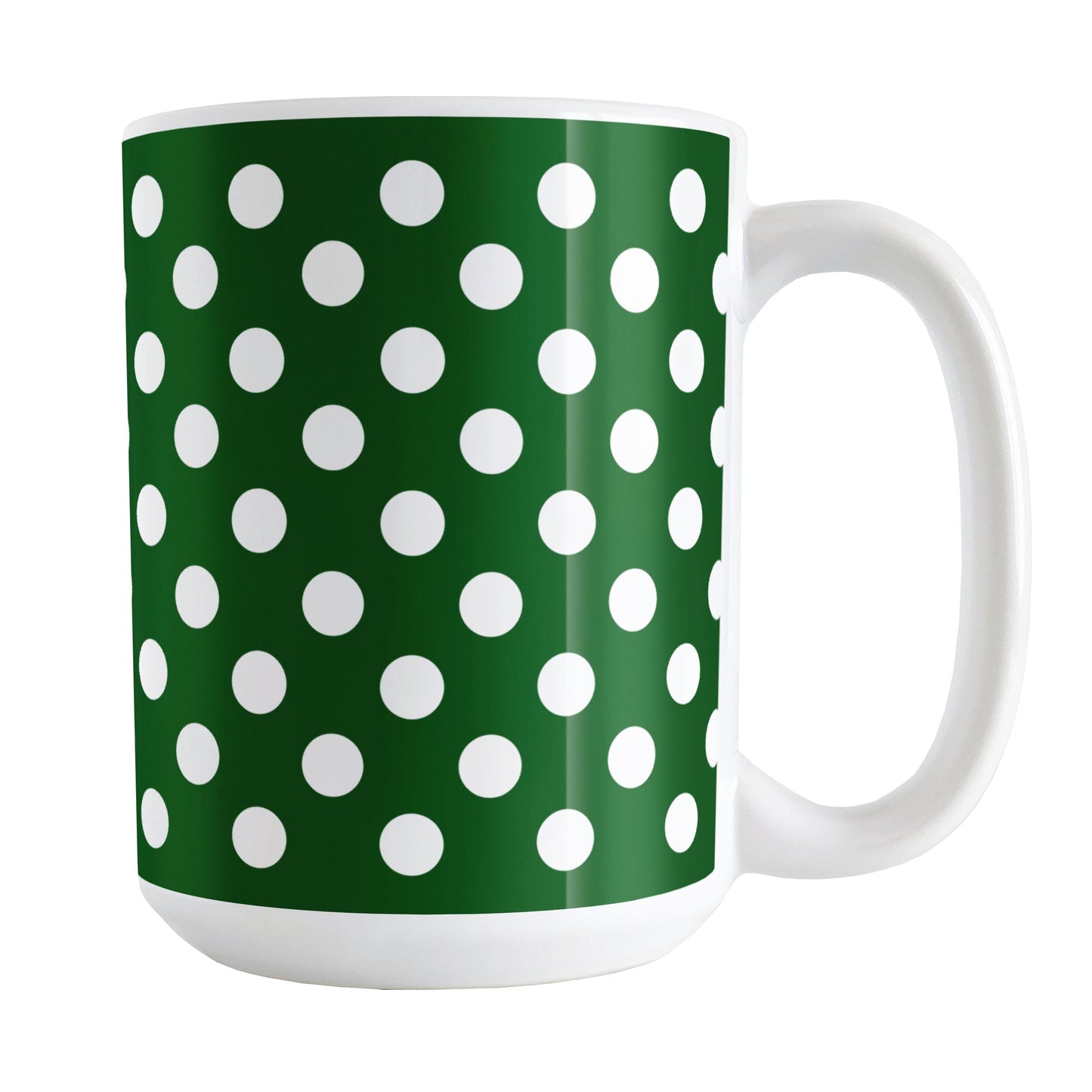 Dark Green Polka Dot Mug (15oz) at Amy's Coffee Mugs. A ceramic coffee mug designed with a dark green polka dot pattern with white dots over a dark green background color. This polka dotted pattern wraps around the mug to the handle.