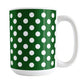 Dark Green Polka Dot Mug (15oz) at Amy's Coffee Mugs. A ceramic coffee mug designed with a dark green polka dot pattern with white dots over a dark green background color. This polka dotted pattern wraps around the mug to the handle.