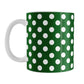 Dark Green Polka Dot Mug (11oz) at Amy's Coffee Mugs. A ceramic coffee mug designed with a dark green polka dot pattern with white dots over a dark green background color. This polka dotted pattern wraps around the mug to the handle.