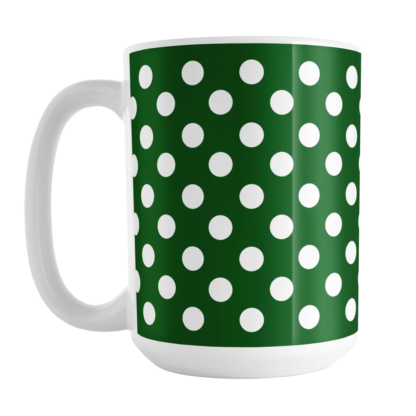 Dark Green Polka Dot Mug (15oz) at Amy's Coffee Mugs. A ceramic coffee mug designed with a dark green polka dot pattern with white dots over a dark green background color. This polka dotted pattern wraps around the mug to the handle.