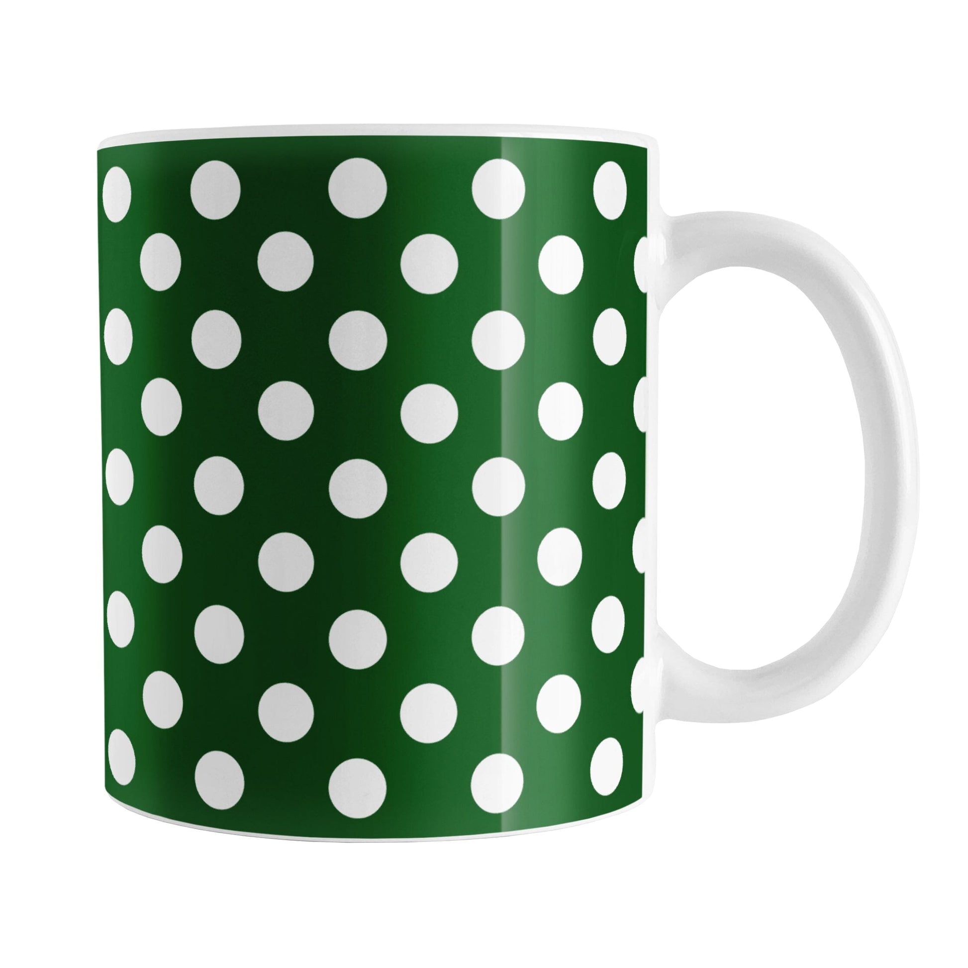Dark Green Polka Dot Mug (11oz) at Amy's Coffee Mugs. A ceramic coffee mug designed with a dark green polka dot pattern with white dots over a dark green background color. This polka dotted pattern wraps around the mug to the handle.