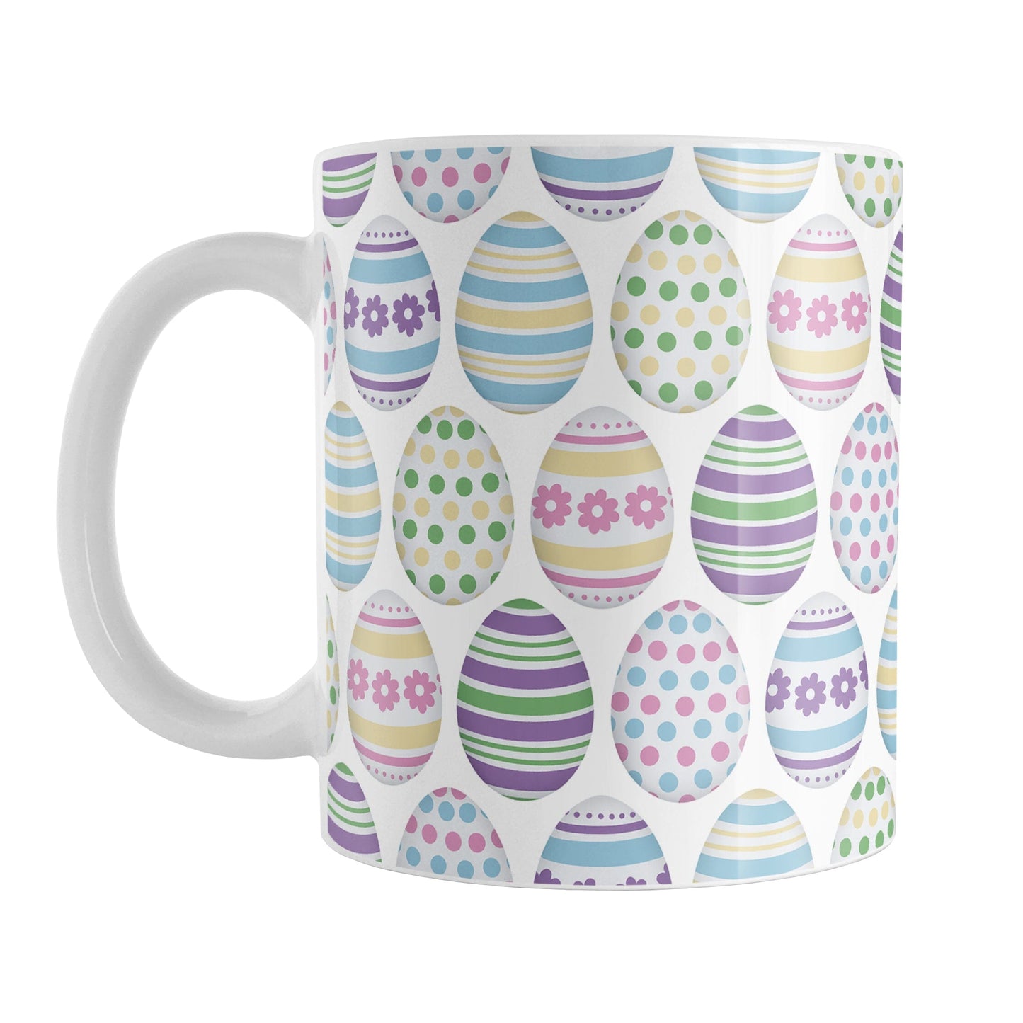 Easter Eggs Mug (11oz) at Amy's Coffee Mugs. A ceramic coffee mug designed with a pattern of Easter eggs decorated with stripes, polka dots, and flowers in fun Easter-inspired colors.