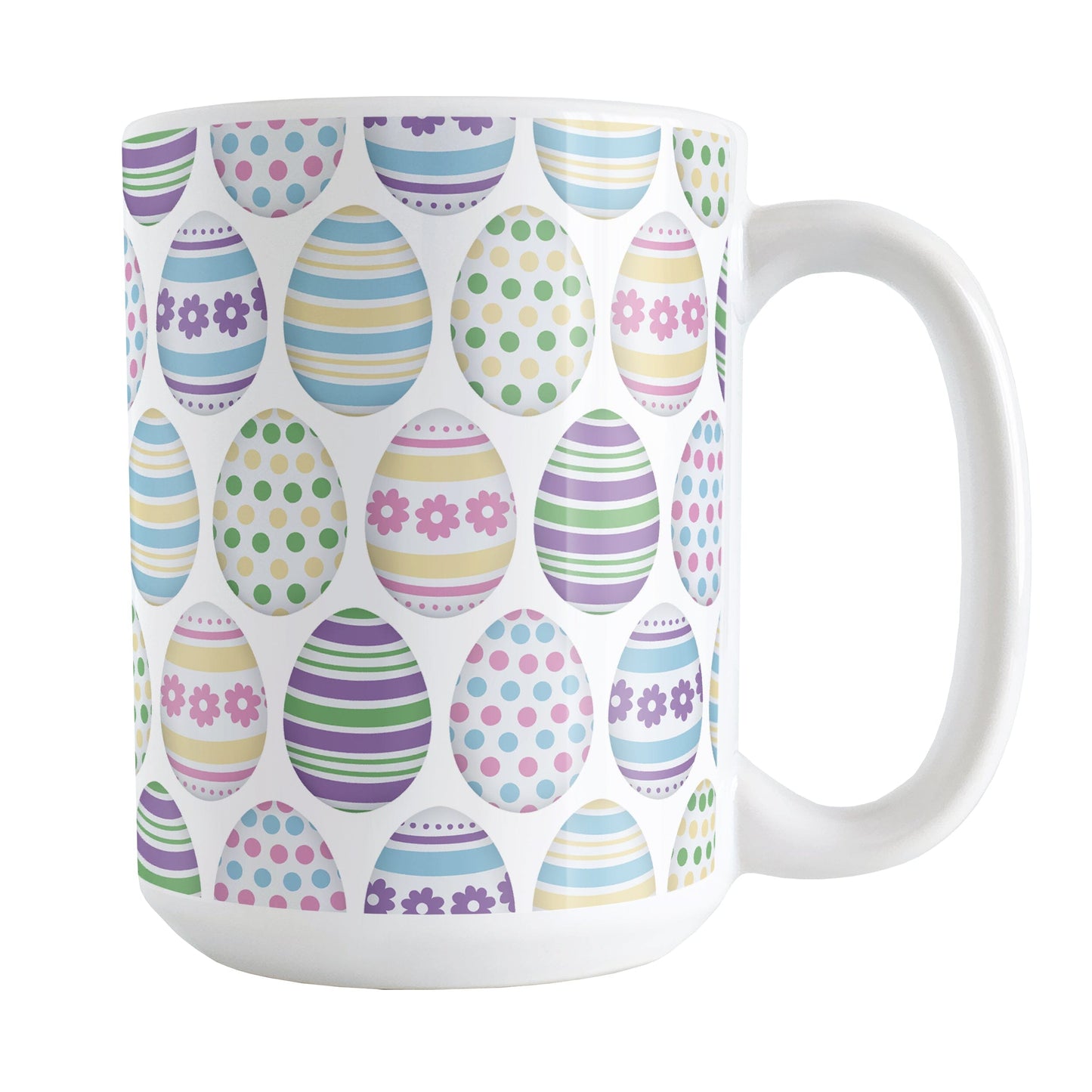 Easter Eggs Mug (15oz) at Amy's Coffee Mugs. A ceramic coffee mug designed with a pattern of Easter eggs decorated with stripes, polka dots, and flowers in fun Easter-inspired colors.