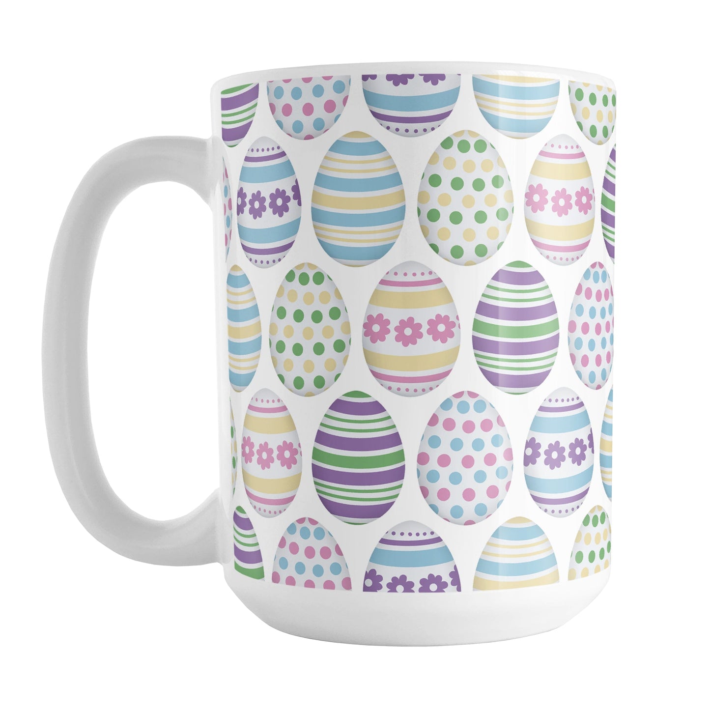 Easter Eggs Mug (15oz) at Amy's Coffee Mugs. A ceramic coffee mug designed with a pattern of Easter eggs decorated with stripes, polka dots, and flowers in fun Easter-inspired colors.