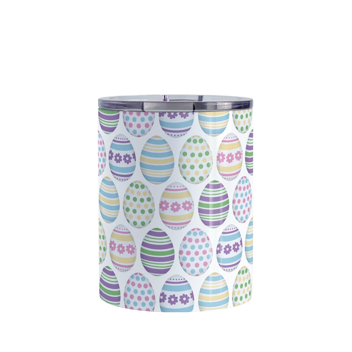 Easter Eggs Tumbler Cup (10oz) at Amy's Coffee Mugs. A stainless steel tumbler cup designed with a pattern of Easter eggs decorated with stripes, polka dots, and flowers in fun Easter-inspired colors.