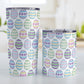 Easter Eggs Tumbler Cup (20oz or 10oz) at Amy's Coffee Mugs. Stainless steel tumbler cups designed with a pattern of Easter eggs decorated with stripes, polka dots, and flowers in fun Easter-inspired colors. Photo shows both sized cups on a table next to each other.