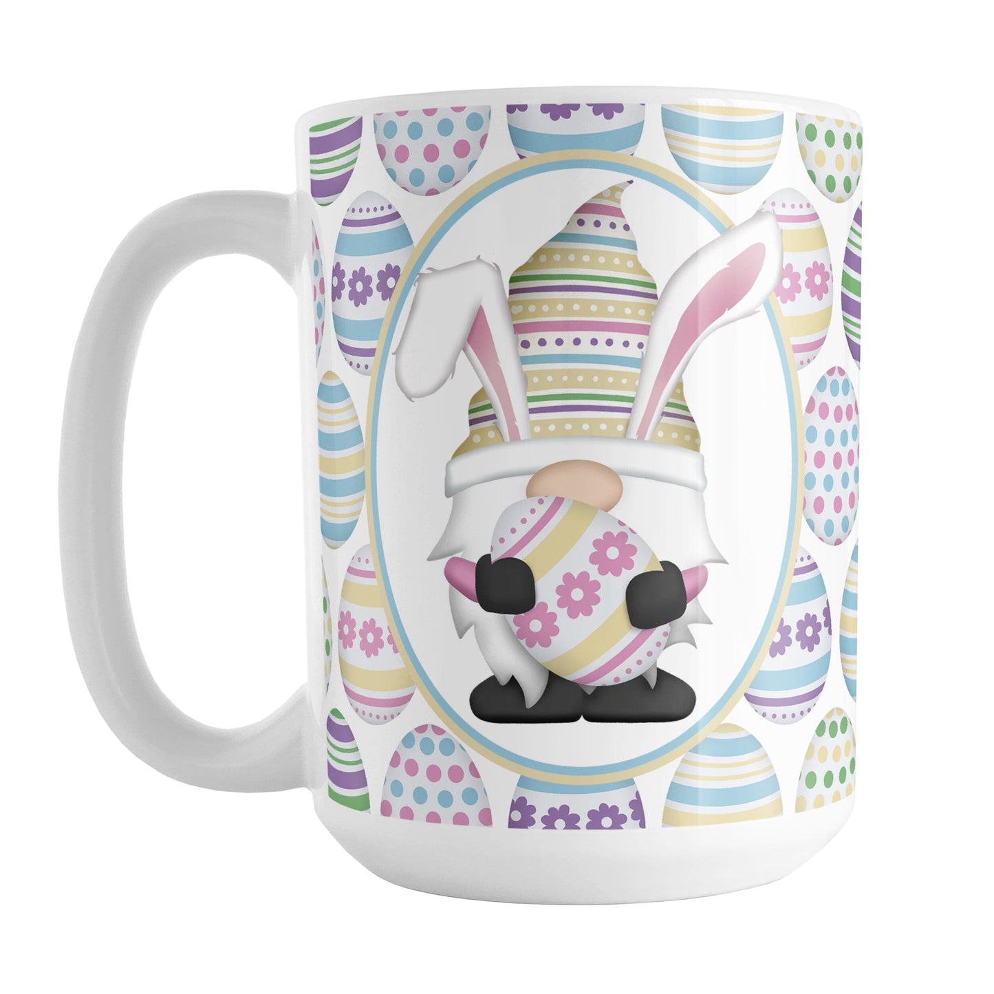 Easter Gnome Eggs Mug (15oz) at Amy's Coffee Mugs. A ceramic coffee mug designed with an illustration of an adorable gnome with bunny ears, holding a large pink and yellow Easter egg, in a white oval on both sides of the mug over a decorated Easter eggs pattern.