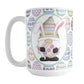 Easter Gnome Eggs Mug (15oz) at Amy's Coffee Mugs. A ceramic coffee mug designed with an illustration of an adorable gnome with bunny ears, holding a large pink and yellow Easter egg, in a white oval on both sides of the mug over a decorated Easter eggs pattern.