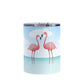 Flamingos in the Water Tumbler Cup (10oz) at Amy's Coffee Mugs. A stainless steel tumbler cup designed with an illustration of two pink flamingos standing in the ocean water, with fresh and clean open water with ripples and a bright blue sky.