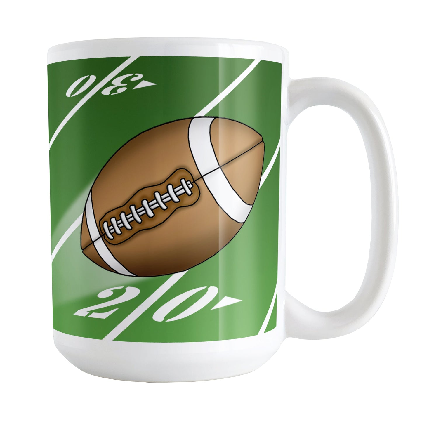 Football Field Green Mug (15oz) at Amy's Coffee Mugs. A ceramic coffee mug designed with an illustration depicting a football being thrown through the air over a football field design background. This football-in-action illustration is on both sides of the mug, while the football field background wraps around the mug up to the handle.