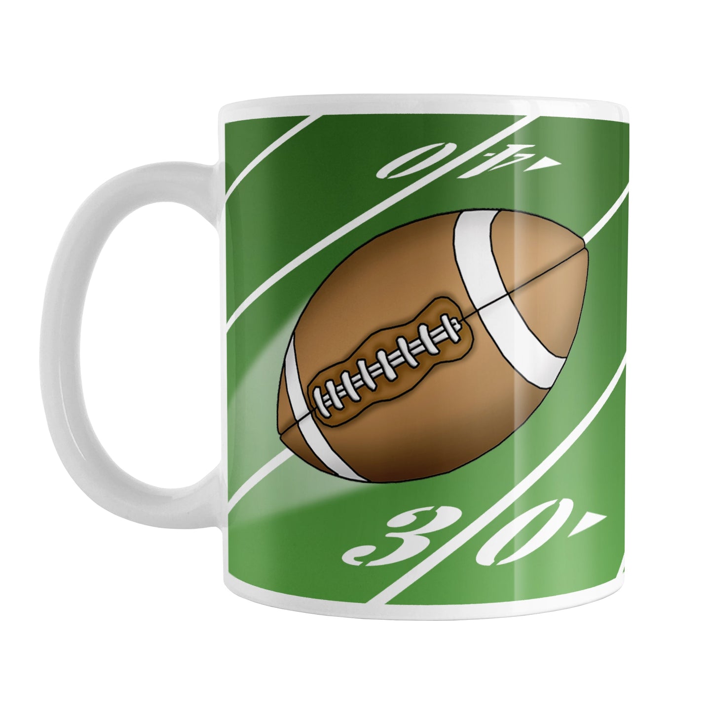 Football Field Green Mug (11oz) at Amy's Coffee Mugs. A ceramic coffee mug designed with an illustration depicting a football being thrown through the air over a football field design background. This football-in-action illustration is on both sides of the mug, while the football field background wraps around the mug up to the handle.