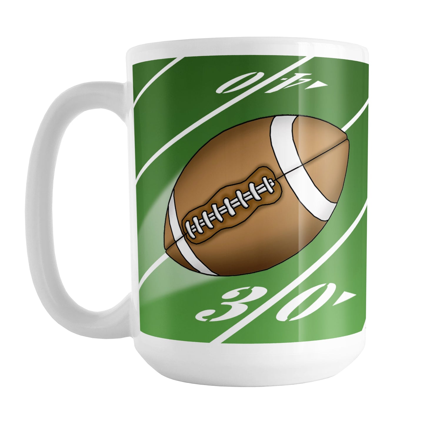 Football Field Green Mug (15oz) at Amy's Coffee Mugs. A ceramic coffee mug designed with an illustration depicting a football being thrown through the air over a football field design background. This football-in-action illustration is on both sides of the mug, while the football field background wraps around the mug up to the handle.