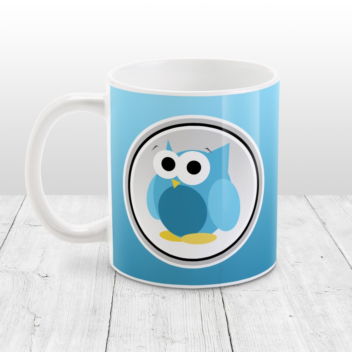 Funny Cute Blue Owl Mug at Amy's Coffee Mugs