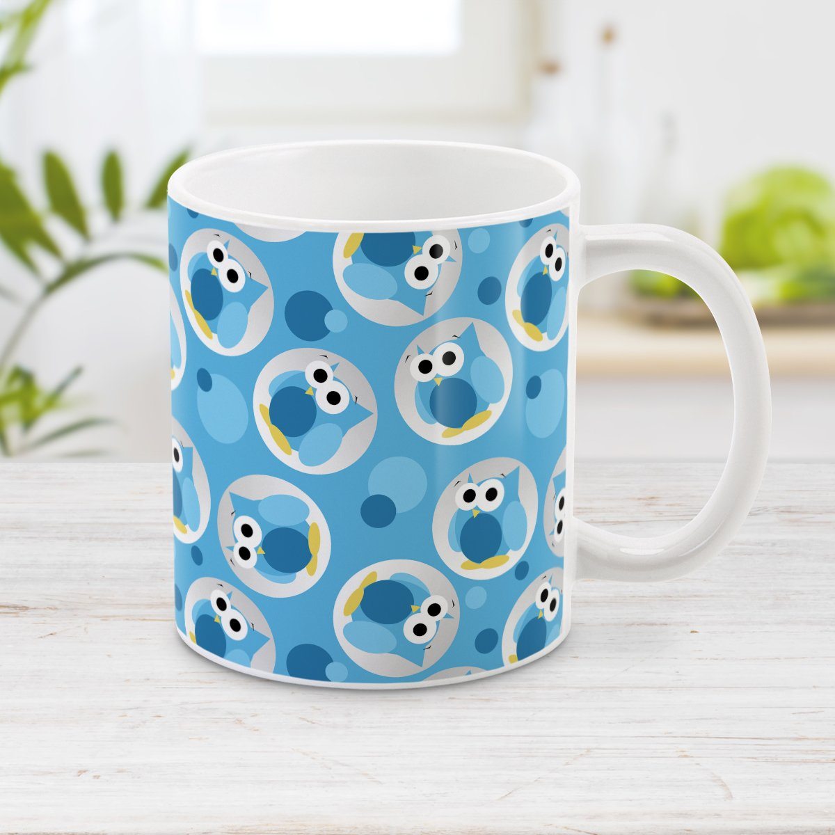 Blue Owl Mug - Funny Cute Blue Owl Pattern Mug at Amy's Coffee Mugs