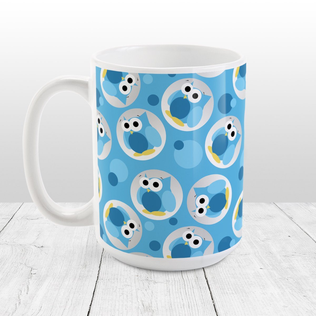 Funny Cute Blue Owl Pattern Mug at Amy's Coffee Mugs