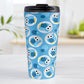 (15oz, stainless steel insulated) at Amy's Coffee Mugs. A travel mug designed with a pattern of funny and cute blue owls in a light gray circles scattered over a blue background color that wraps around the travel mug.