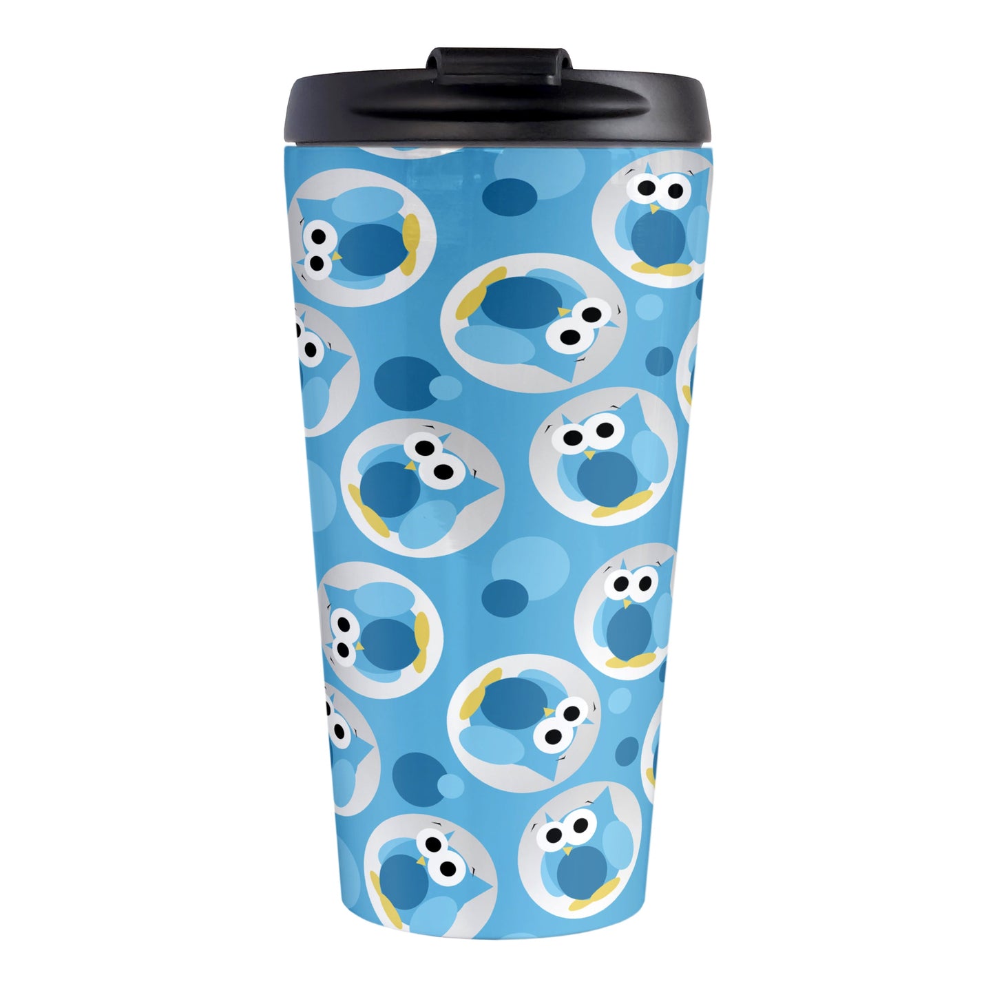 Funny Cute Blue Owl Pattern Travel Mug (15oz, stainless steel insulated) at Amy's Coffee Mugs. A travel mug designed with a pattern of funny and cute blue owls in a light gray circles scattered over a blue background color that wraps around the travel mug.