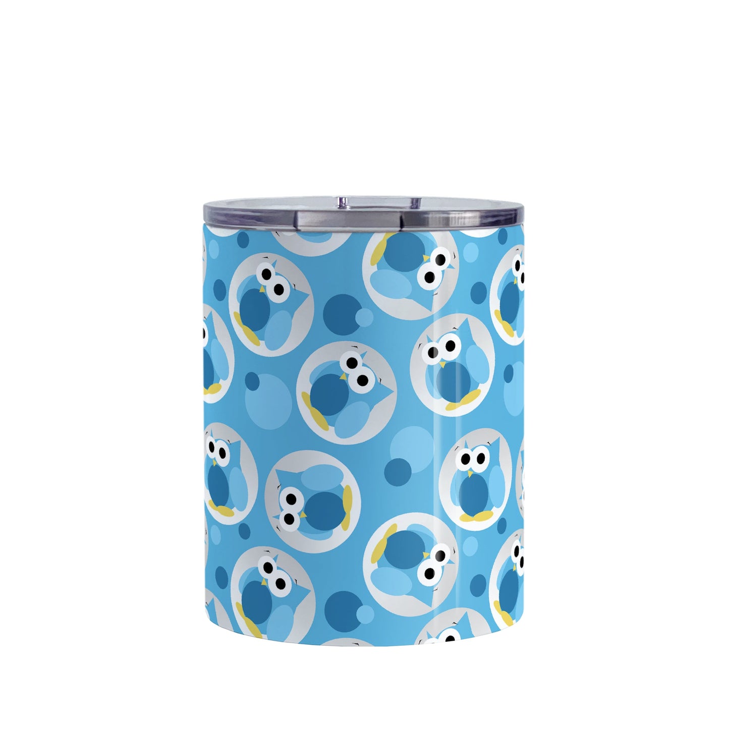 Funny Cute Blue Owl Pattern Tumbler Cup (10oz, stainless steel insulated) at Amy's Coffee Mugs