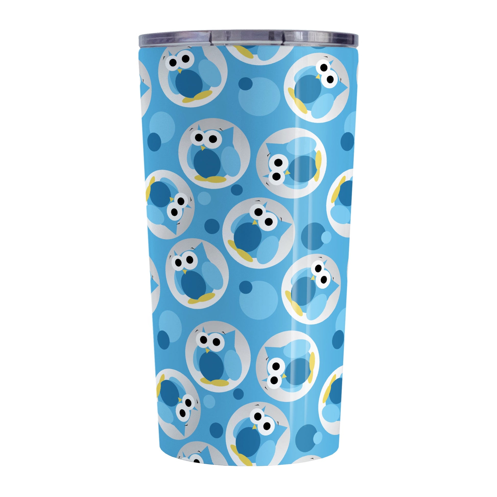Funny Cute Blue Owl Pattern Tumbler Cup (20oz, stainless steel insulated) at Amy's Coffee Mugs
