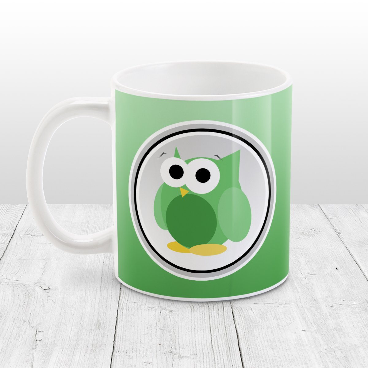 Funny Cute Green Owl Mug at Amy's Coffee Mugs