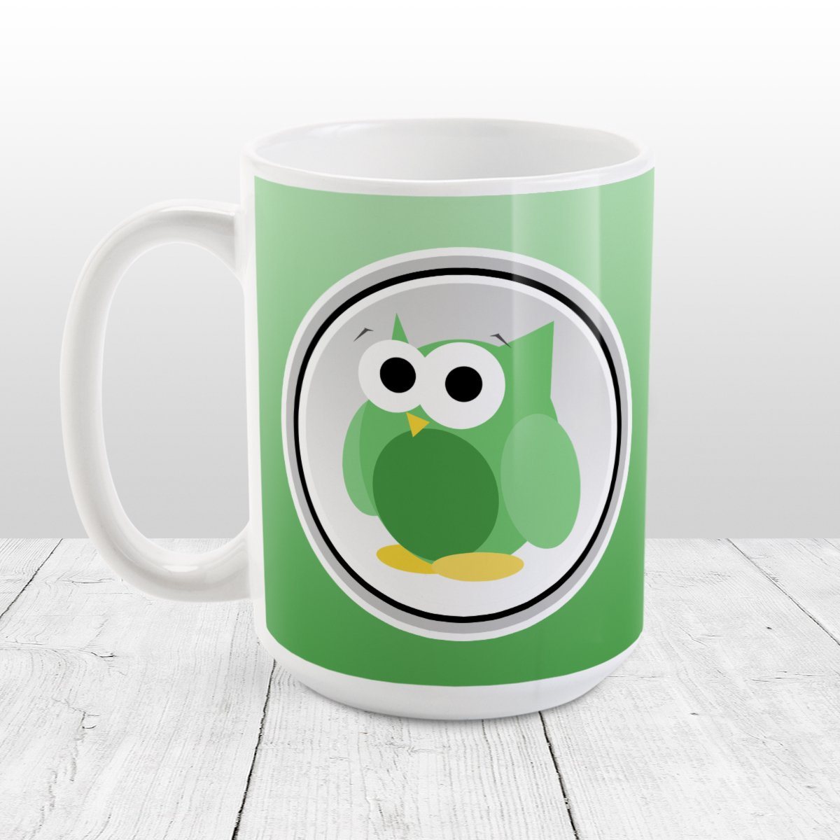 Funny Cute Green Owl Mug at Amy's Coffee Mugs