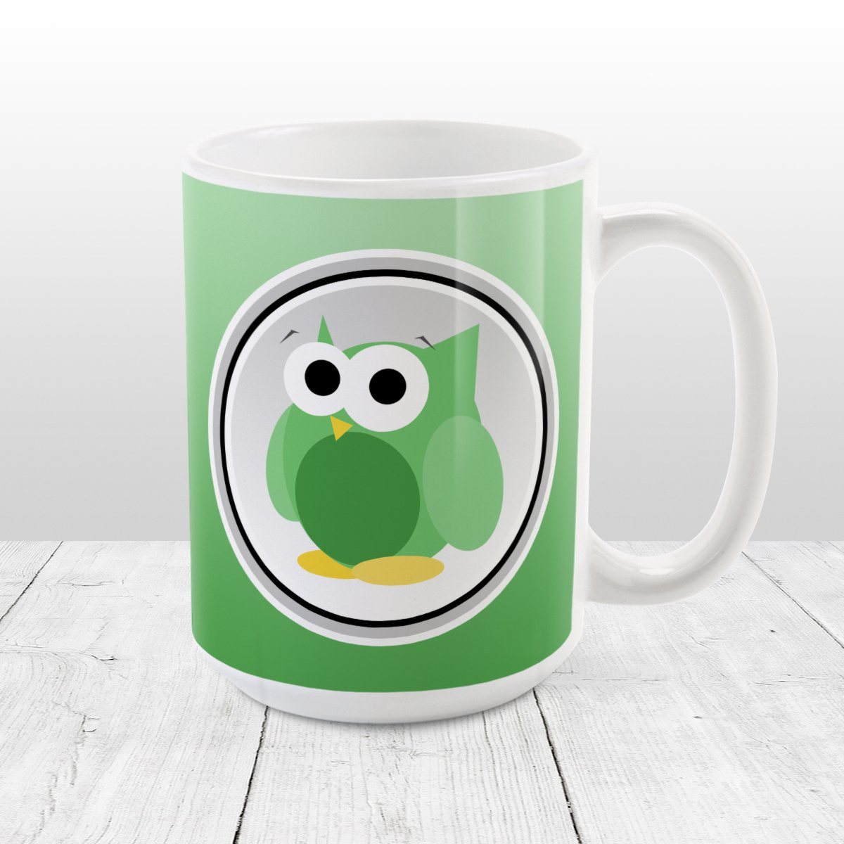 Funny Cute Green Owl Mug at Amy's Coffee Mugs