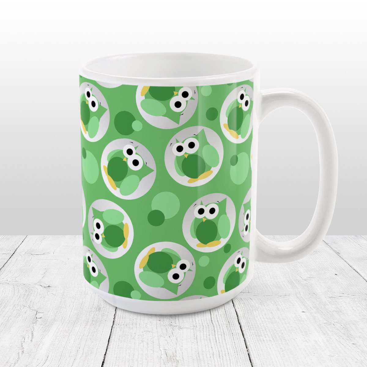Funny Cute Green Owl Pattern Mug at Amy's Coffee Mugs