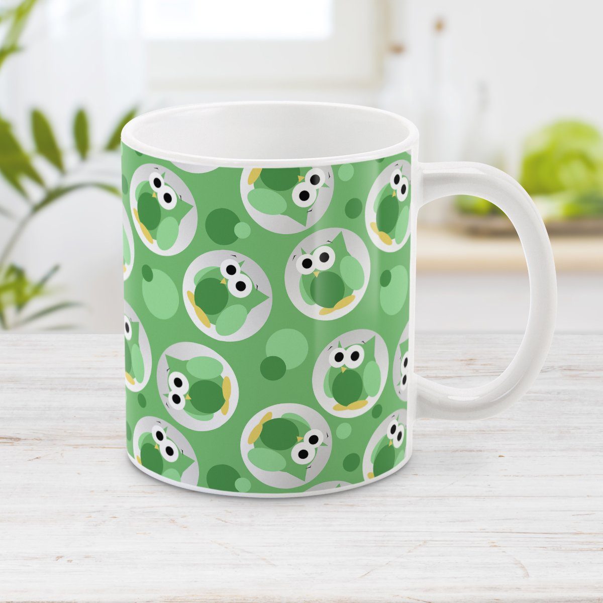 Green Owl Mug - Funny Cute Green Owl Pattern Mug at Amy's Coffee Mugs