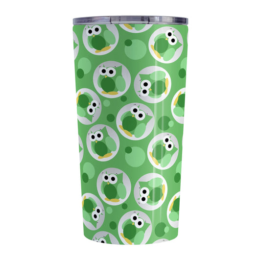 Funny Cute Green Owl Pattern Tumbler Cup (20oz, stainless steel insulated) at Amy's Coffee Mugs