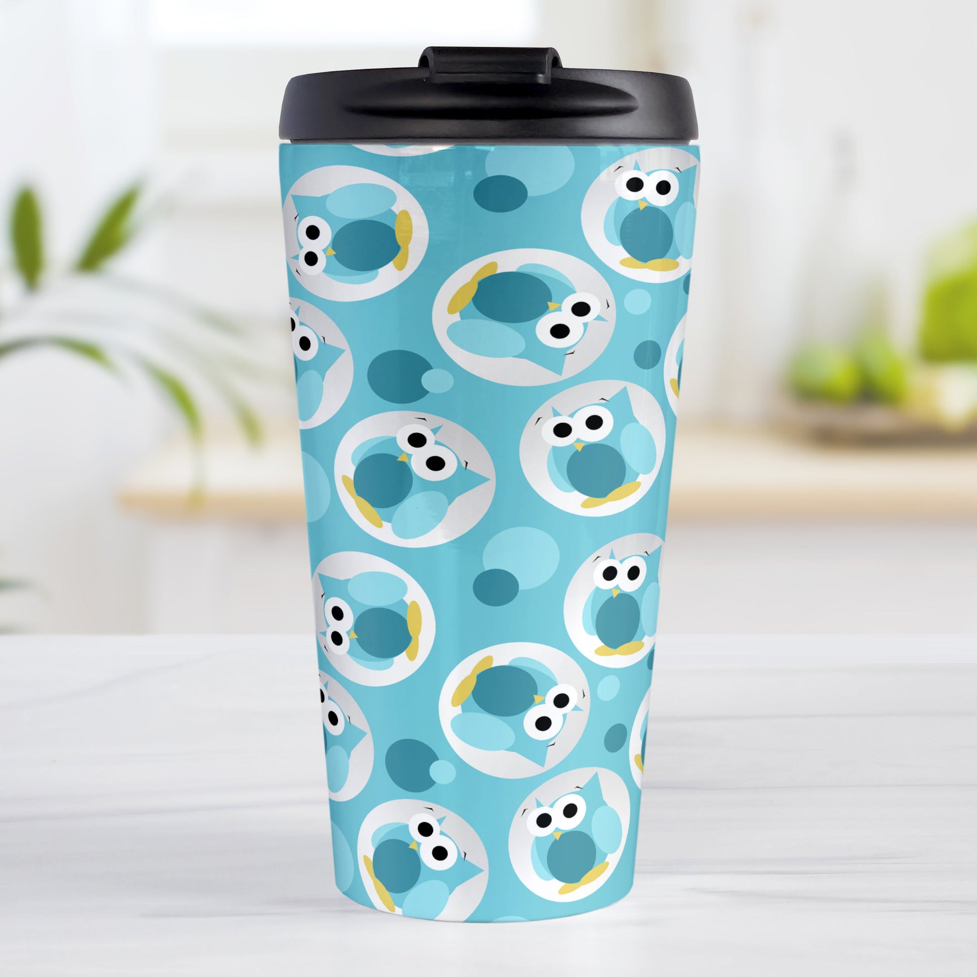 Funny Cute Turquoise Owl Pattern Travel Mug (15oz, stainless steel insulated) at Amy's Coffee Mugs