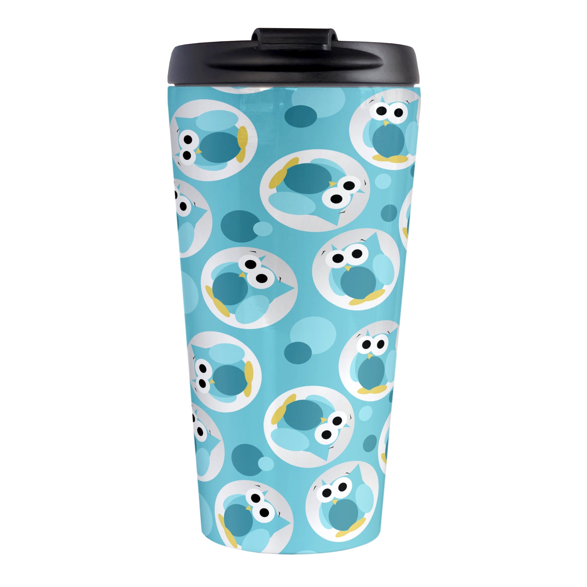 Funny Cute Turquoise Owl Pattern Travel Mug (15oz, stainless steel insulated) at Amy's Coffee Mugs. A travel mug designed with a pattern of funny and cute turquoise owls in a light gray circles scattered over a turquoise background color that wraps around the travel mug.