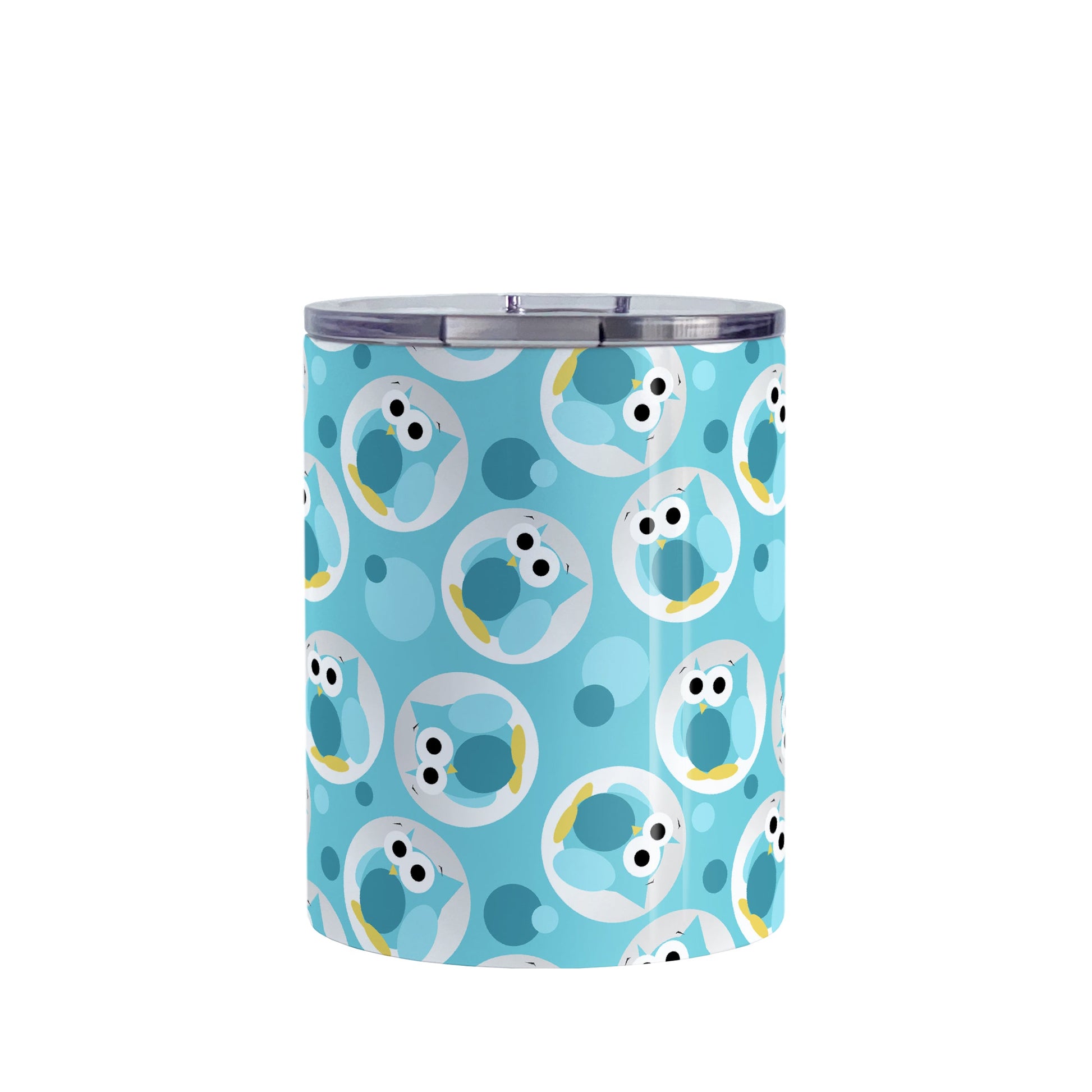 Funny Cute Turquoise Owl Pattern Tumbler Cup (10oz, stainless steel insulated) at Amy's Coffee Mugs