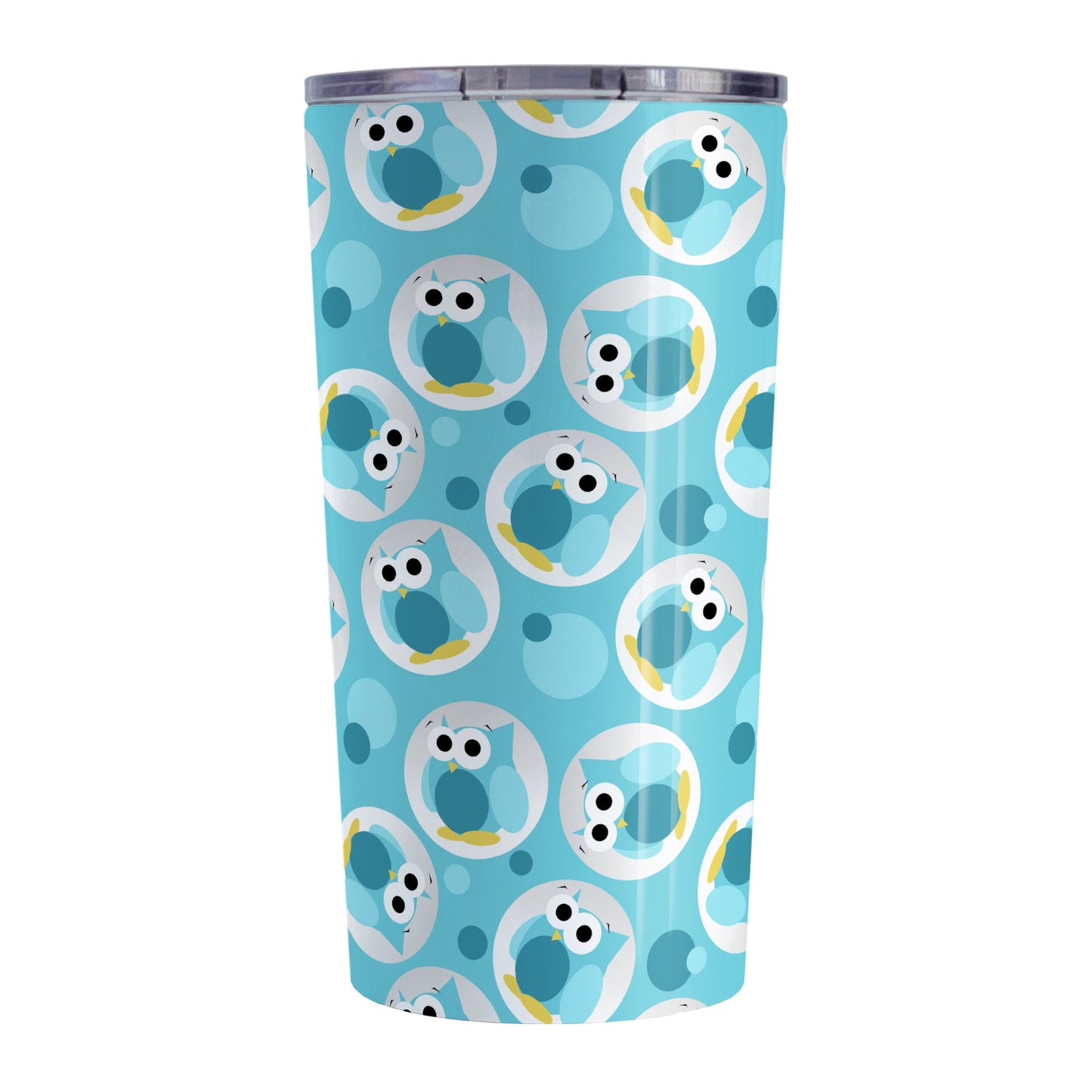 Funny Cute Turquoise Owl Pattern Tumbler Cup (20oz, stainless steel insulated) at Amy's Coffee Mugs. A tumbler cup designed with a pattern of funny and cute turquoise owls in a light gray circles scattered over a turquoise background color that wraps around the cup.