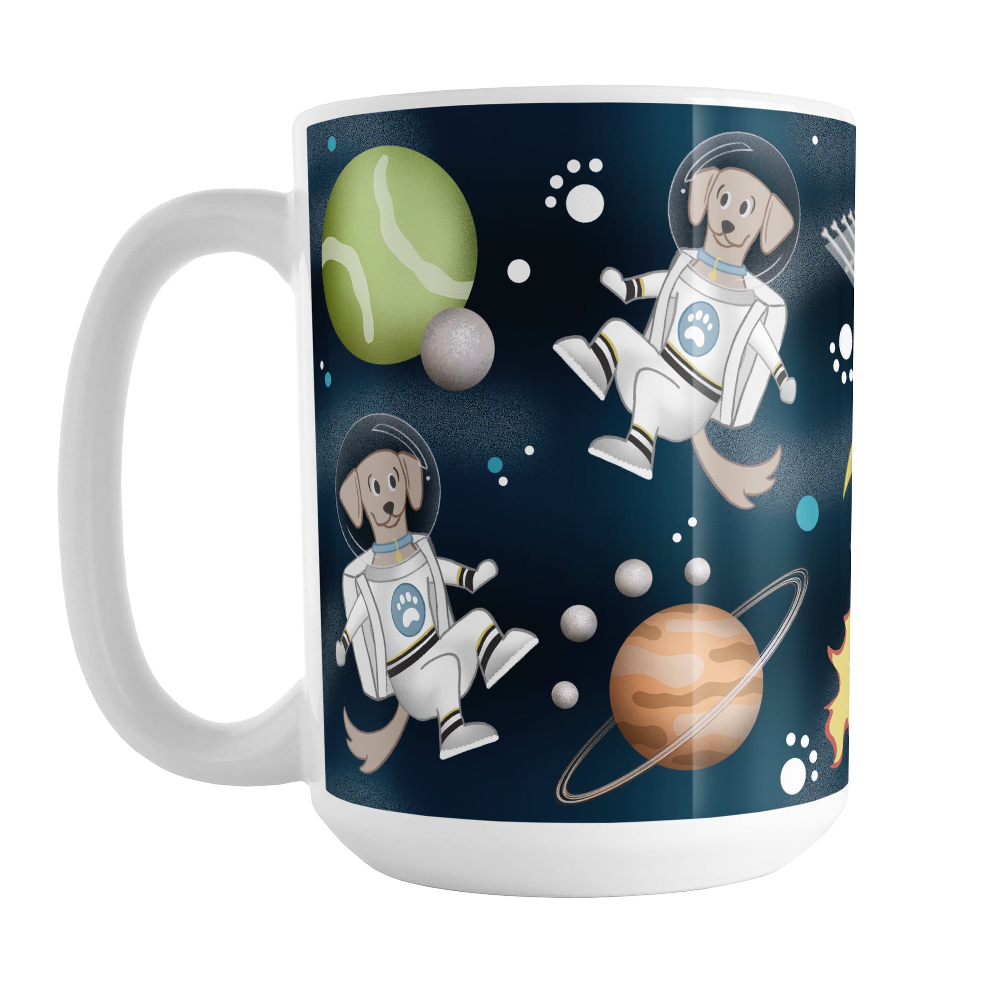 Galaxy Dog-stronaut Mug (15oz) at Amy's Coffee Mugs. A ceramic coffee mug with a fun galaxy "dog-stronaut" design with dog astronauts, dog themed planets, a dog bone satellite, paw print stars, and a dog branded rocket ship on an outer-space background. Perfect for people who love galaxy and space designs, and love dogs too!