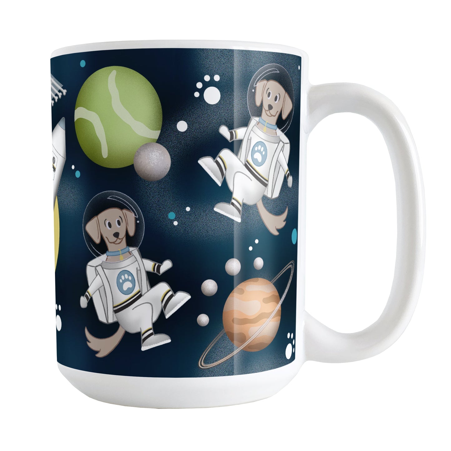 Galaxy Dog-stronaut Mug (15oz) at Amy's Coffee Mugs. A ceramic coffee mug with a fun galaxy "dog-stronaut" design with dog astronauts, dog themed planets, a dog bone satellite, paw print stars, and a dog branded rocket ship on an outer-space background. Perfect for people who love galaxy and space designs, and love dogs too!