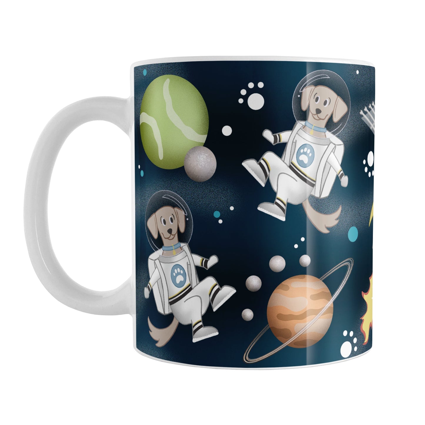 Galaxy Dog-stronaut Mug (11oz) at Amy's Coffee Mugs. A ceramic coffee mug with a fun galaxy "dog-stronaut" design with dog astronauts, dog themed planets, a dog bone satellite, paw print stars, and a dog branded rocket ship on an outer-space background. Perfect for people who love galaxy and space designs, and love dogs too!