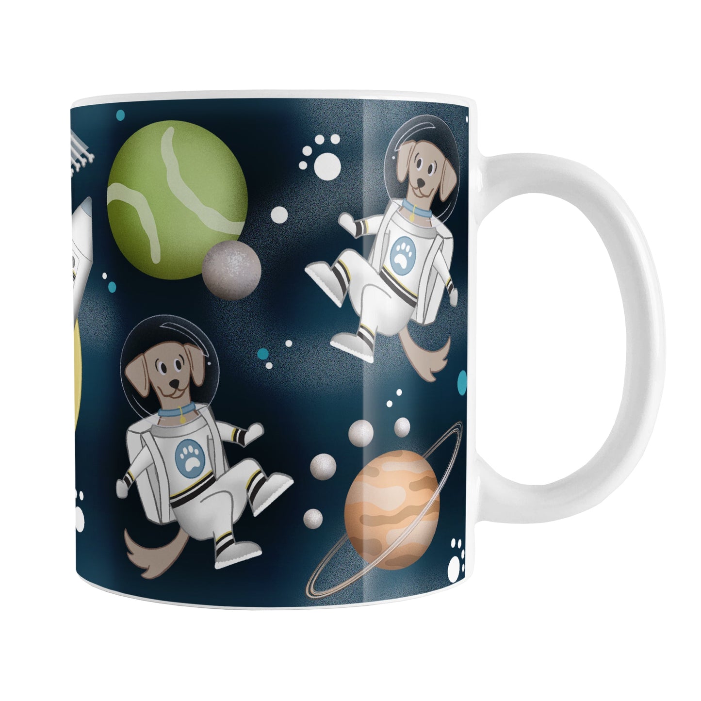 Galaxy Dog-stronaut Mug (11oz) at Amy's Coffee Mugs. A ceramic coffee mug with a fun galaxy "dog-stronaut" design with dog astronauts, dog themed planets, a dog bone satellite, paw print stars, and a dog branded rocket ship on an outer-space background. Perfect for people who love galaxy and space designs, and love dogs too!